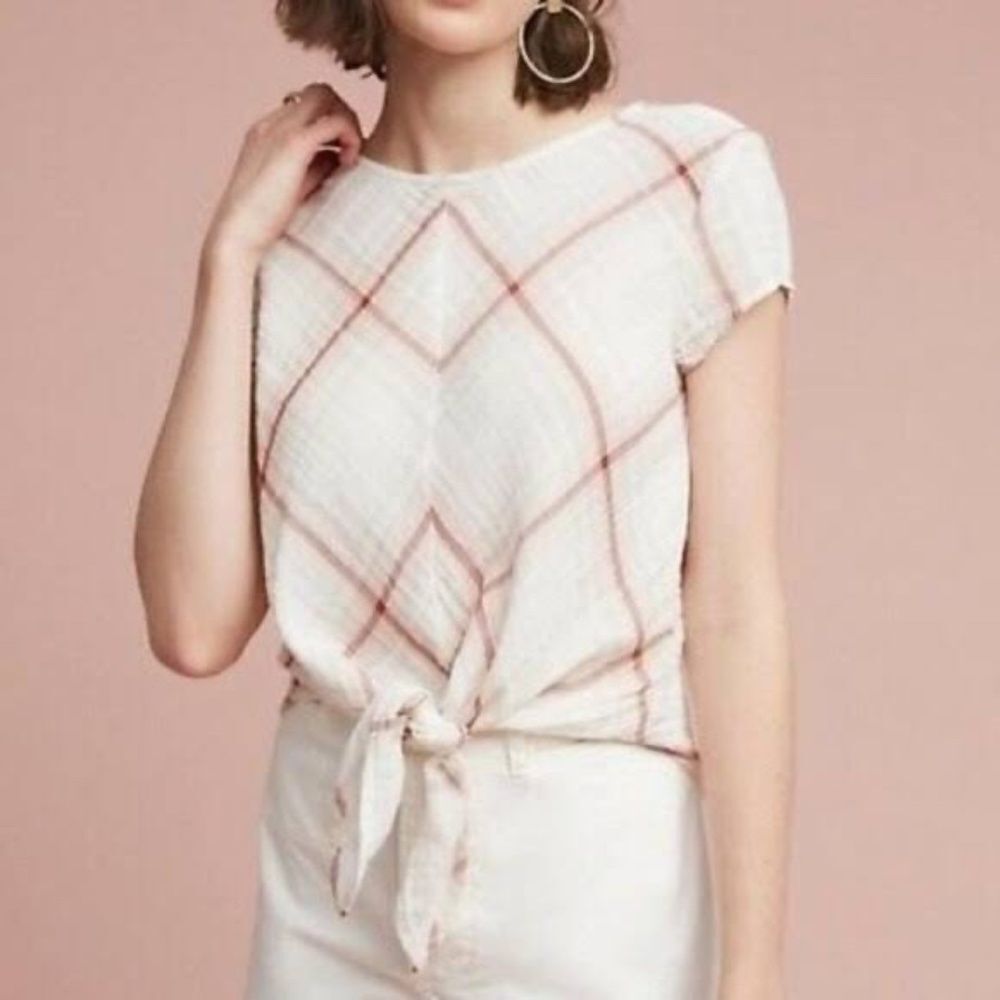 Anthropologie Cloth & Stone Mina Cream/Purple/Peach Gauze Self Tie Top Sz S‎